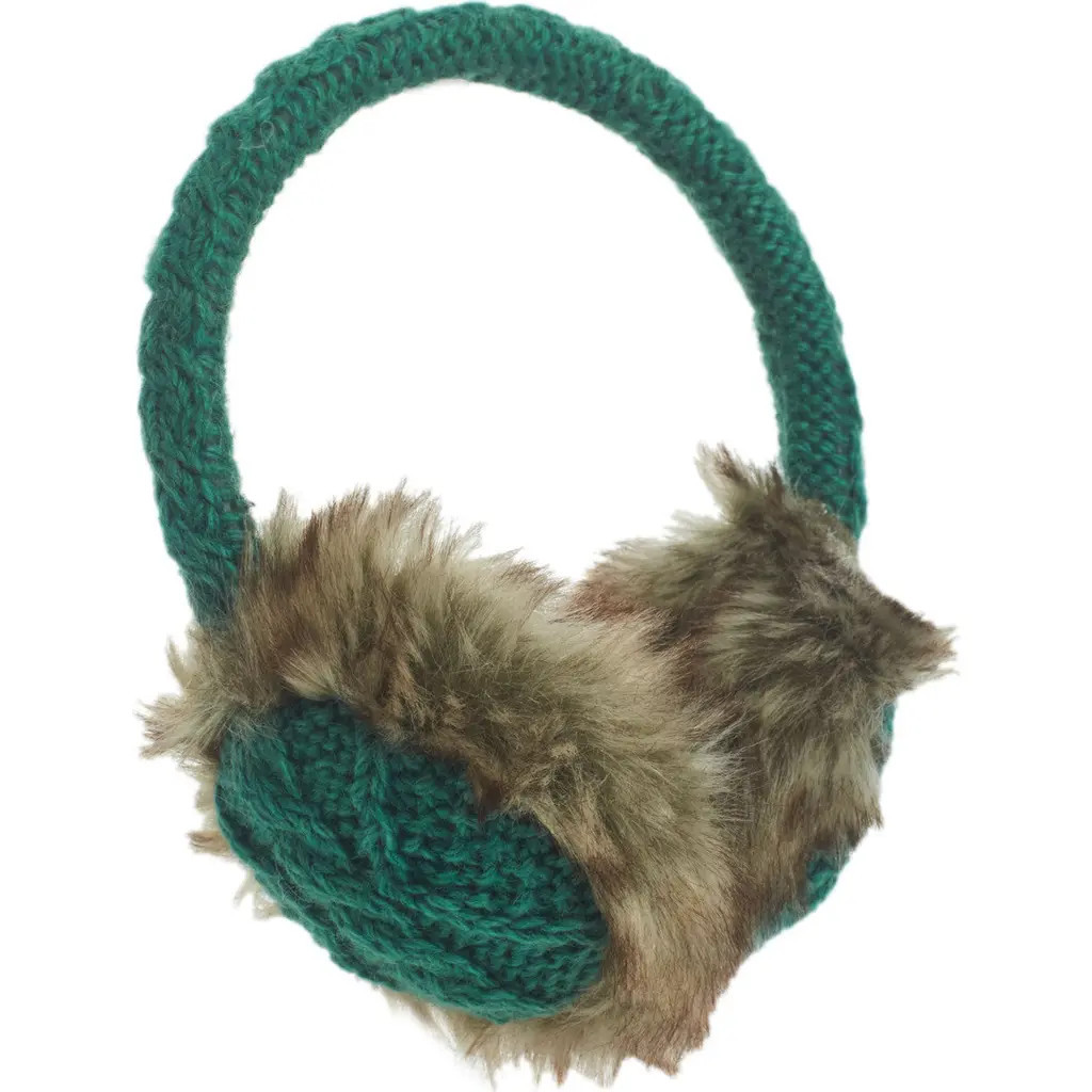 Nirvanna Designs Cable Knit Adjustable Earmuffs With Faux Fur in Emerald at Nordstrom | Nordstrom