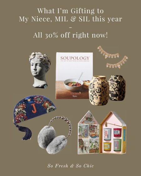 Here’s what I’m gifting family this year!
The cookbook and Grecian bust candle for my 47 year old SIL, the curved crystal earrings and candle set for my 66 year old MIL, and the monogram pouch and pearl band ear muffs for my 19 year old niece! The terracotta vase is for my MIL’s sister who is an artist and will love it!
-
Gifts for her - Anthropologie sale - home gifts - cook book gift - 30% off sale - affordable gifts - cyber week - Christmas gifts for her - BFF gifts — Mil gifts - SIL gifts - inlaw gifts - hostess gifts - teen girl gifts - Grecian bust candle - home decor gifts - candle gifts

#LTKGiftGuide #LTKCyberweek #LTKsalealert