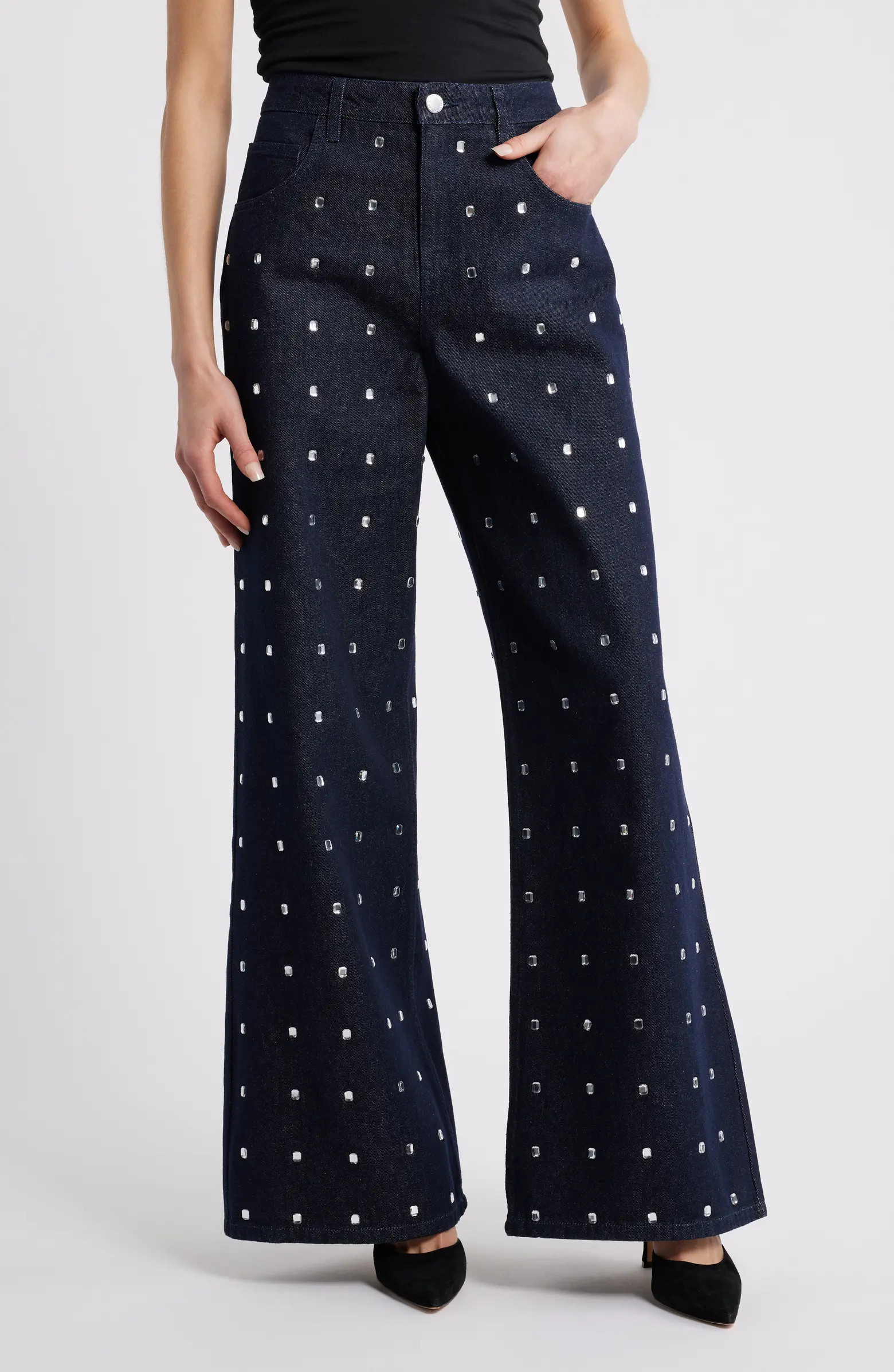 Leo Crystal Embellished Wide Leg Jeans | Nordstrom