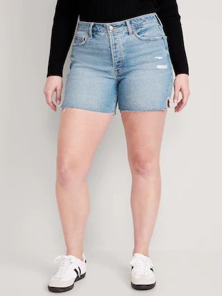 High-Waisted Button-Fly O.G. Straight Ripped Side-Slit Jean Shorts for Women -- 5-inch inseam | Old Navy (US)