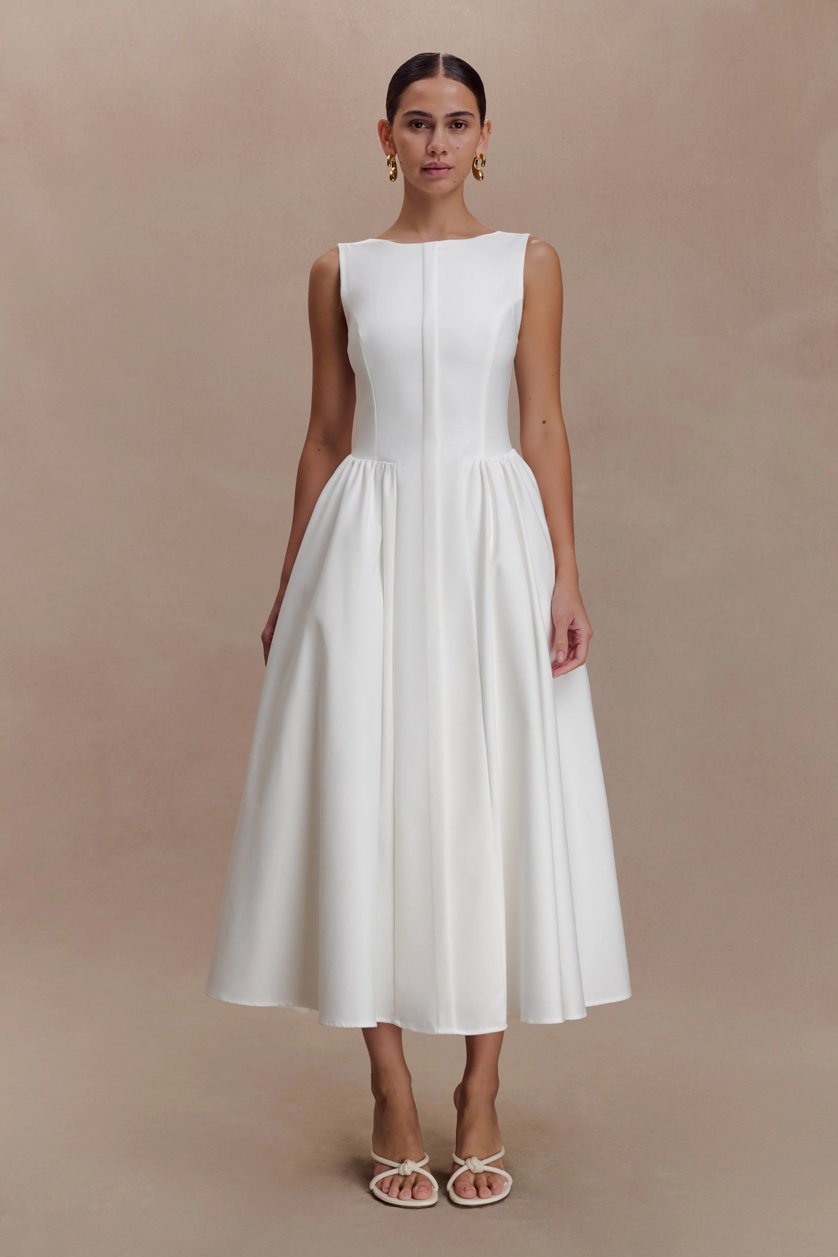 Gathered Waist Cotton Midi Dress - White | MESHKI US