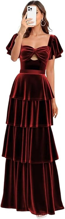 Dessiny Short Sleeves Velvet Pleated Cocktail Dresses for Women 2025 Long Cut Out Formal Evening ... | Amazon (US)