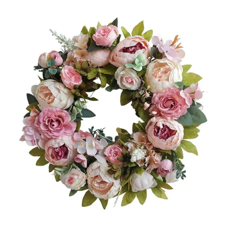 Handcrafted Floral Wreath with Pink Peonies and Roses Elegant 24-Inch Spring and Summer Door Deco... | Walmart (US)