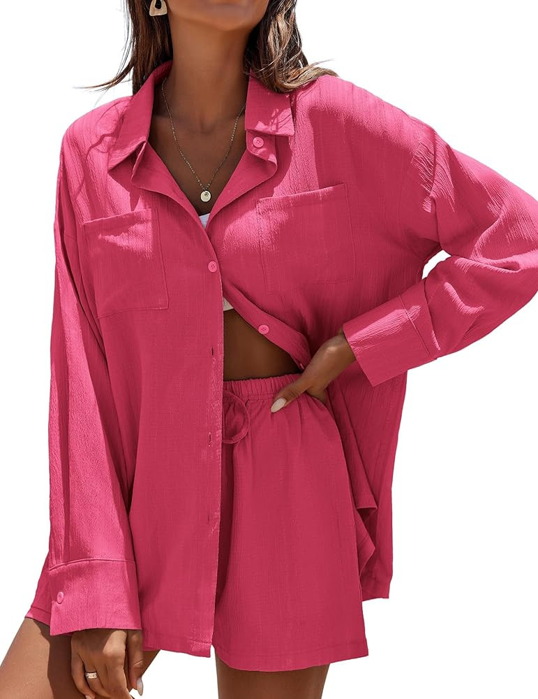 Ekouaer Womens Lounge Set Button Down Top and Shorts Long Sleeve Pajamas Set 2 Piece Casual Outfi... | Amazon (US)