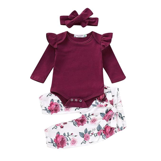 3PCS Infant Toddler Baby Girl Clothes Ruffle Romper Bodysuit Floral Halen Pants Headband Outfits | Amazon (US)