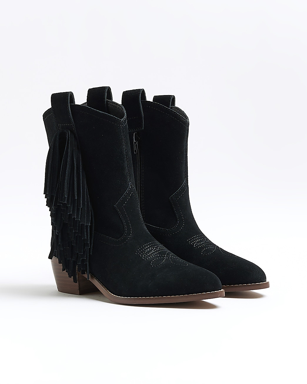 Black suede fringe detail western boots | River Island (UK & IE)