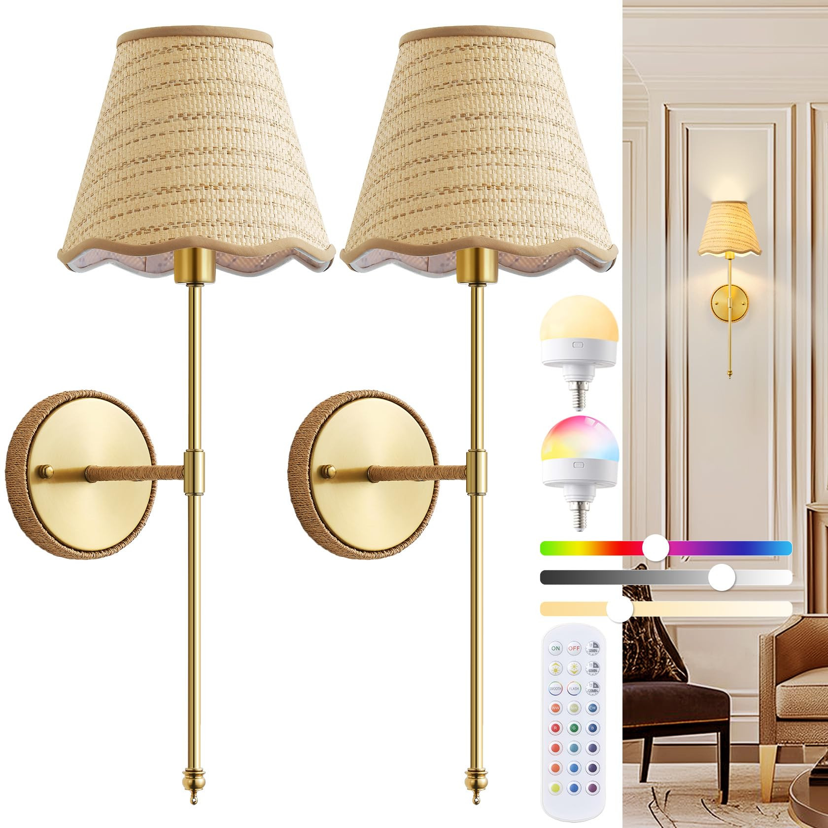 Battery Operated Wall Sconce Set of 2, Wireless Rattan Wall Mounted Light Fixture Rechargeable Wa... | Amazon (US)