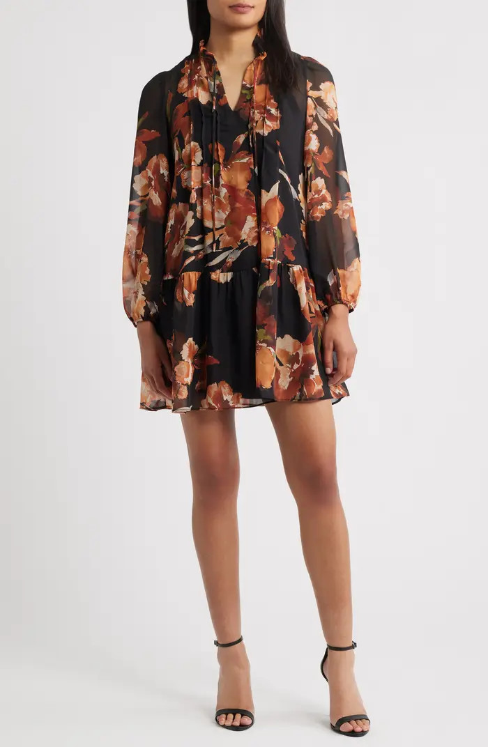 Floral Long Sleeve Drop Waist Minidress | Nordstrom
