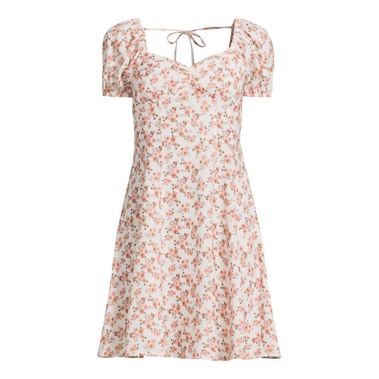 No Boundaries Juniors’ Ruched Floral Mini Dress with Puff Sleeves, Sizes XS-XXXL - Walmart.com | Walmart (US)