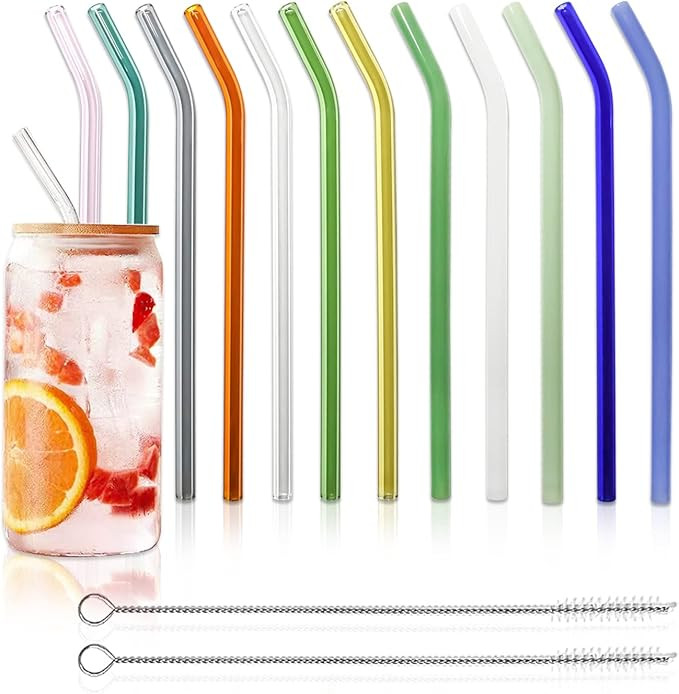 12 Pack Reusable Glass Straws - 8" x 8 MM, Bent Glass Drinking Straws with 2 Cleaning Brushes, Re... | Amazon (US)
