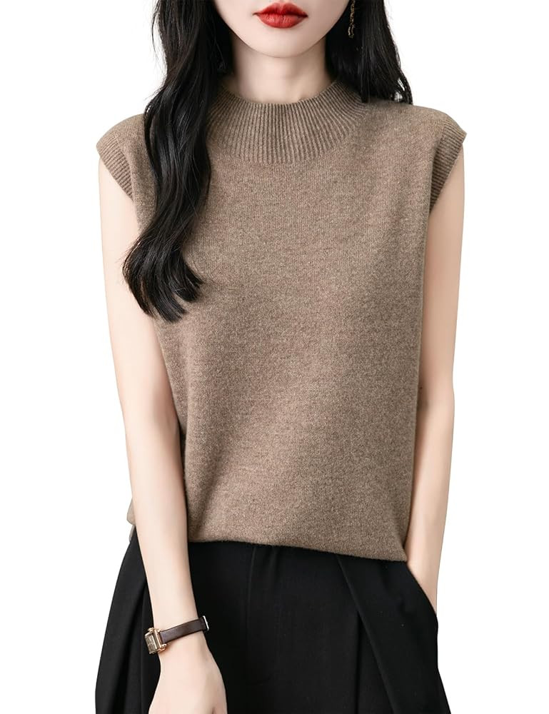 Women's 100% Merino Wool Spring Fall Winter First-Line Ready to Wear Mock Neck Seamless Knit Sleeveless Sweater Vest | Amazon (US)
