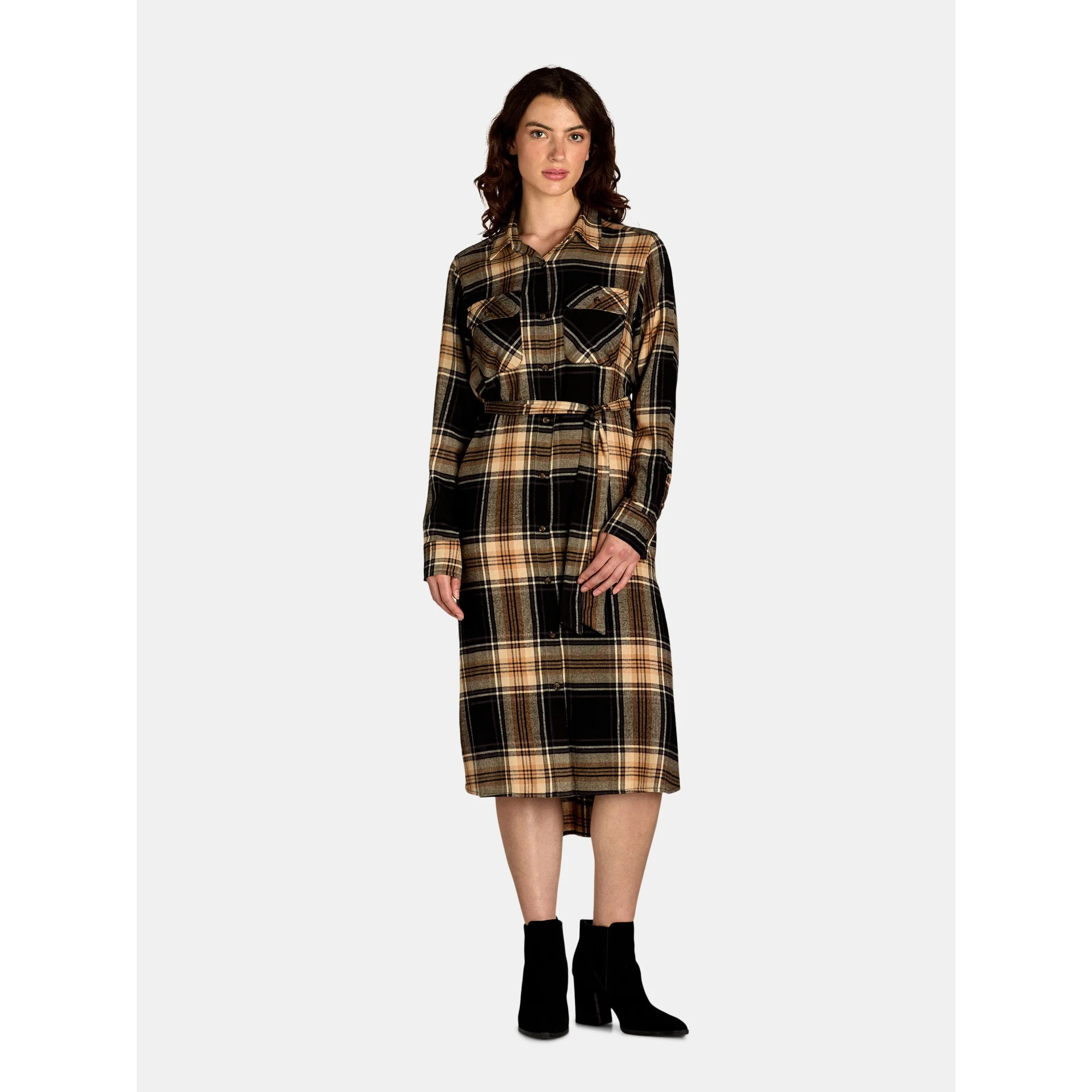 Time and Tru Women’s and Women’s Plus Plaid Button Front Dress with Belt, Sizes XS-4X | Walmart (US)
