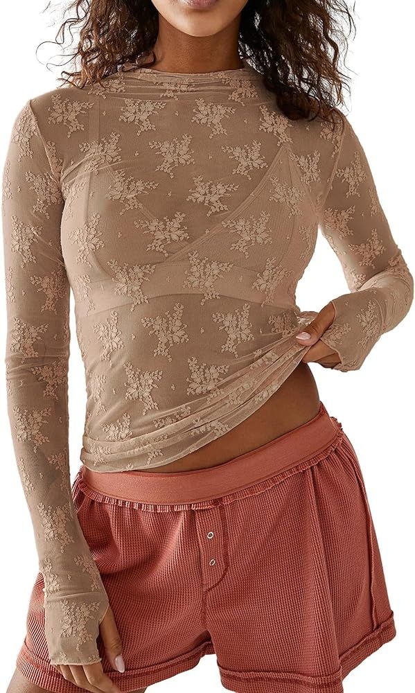 ROJZR Womens Mesh Long Sleeve Tops Mock Neck Sheer Lace Floral See Through Shirts Blouse(LightKha... | Amazon (US)