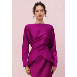 Boat Neck Crisscross Waist Satin Top in Magenta | Chicwish