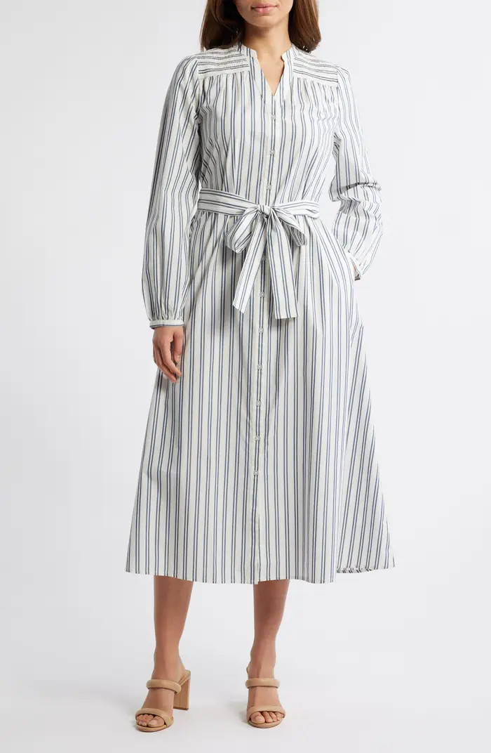 Caslon® Smocked Shoulder Long Sleeve Cotton Midi Dress | Nordstrom | Nordstrom
