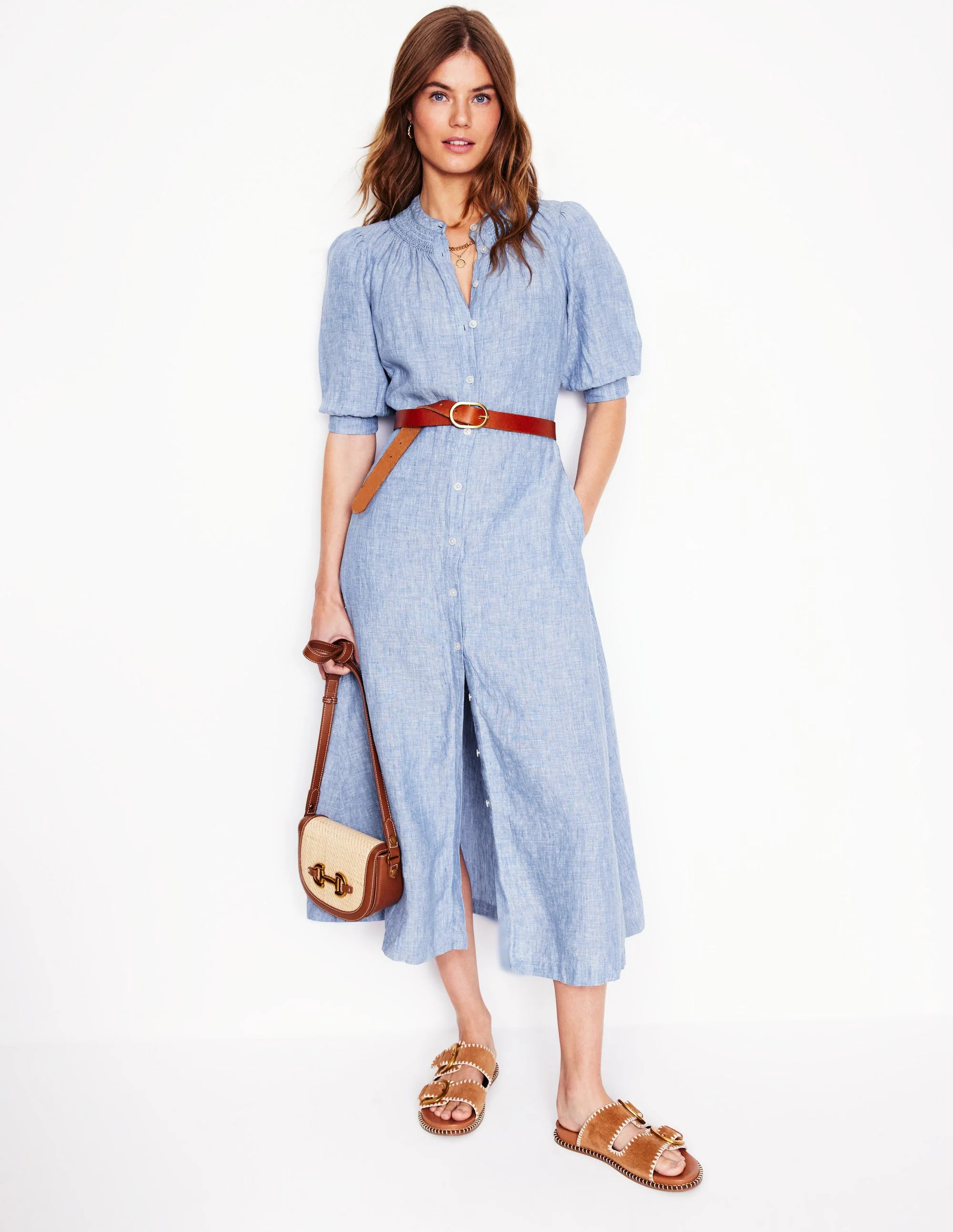 Ada Linen Midi Dress-Grey Blue Chambray | Boden (US)