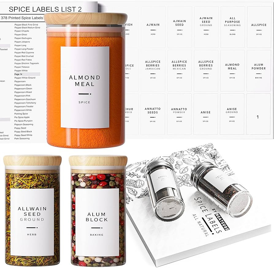 Neatsure 400 Minimalist Spice Labels, Preprinted Stickers Booklet, Black Text on White Waterproof... | Amazon (US)