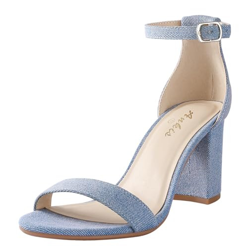 Ankis Denim Heels for Women - Open Toe Ankle Strap Chunky Blue Heel Pump Sandals Party Wedding Strappy Buckle Sandals 2.75 Inches | Amazon (US)