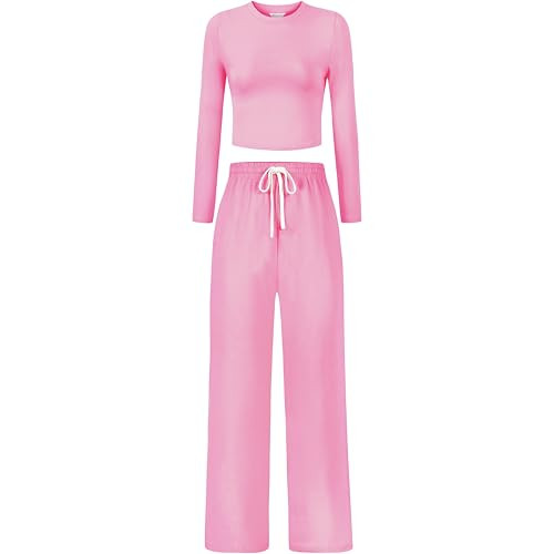 QCHENG Women's Cotton 2 Piece Outfits Lounge Sets Long Sleeve T-Shirts Crop Tops Straight Leg Pants Sweatsuit Tracksuit Sets | Amazon (US)