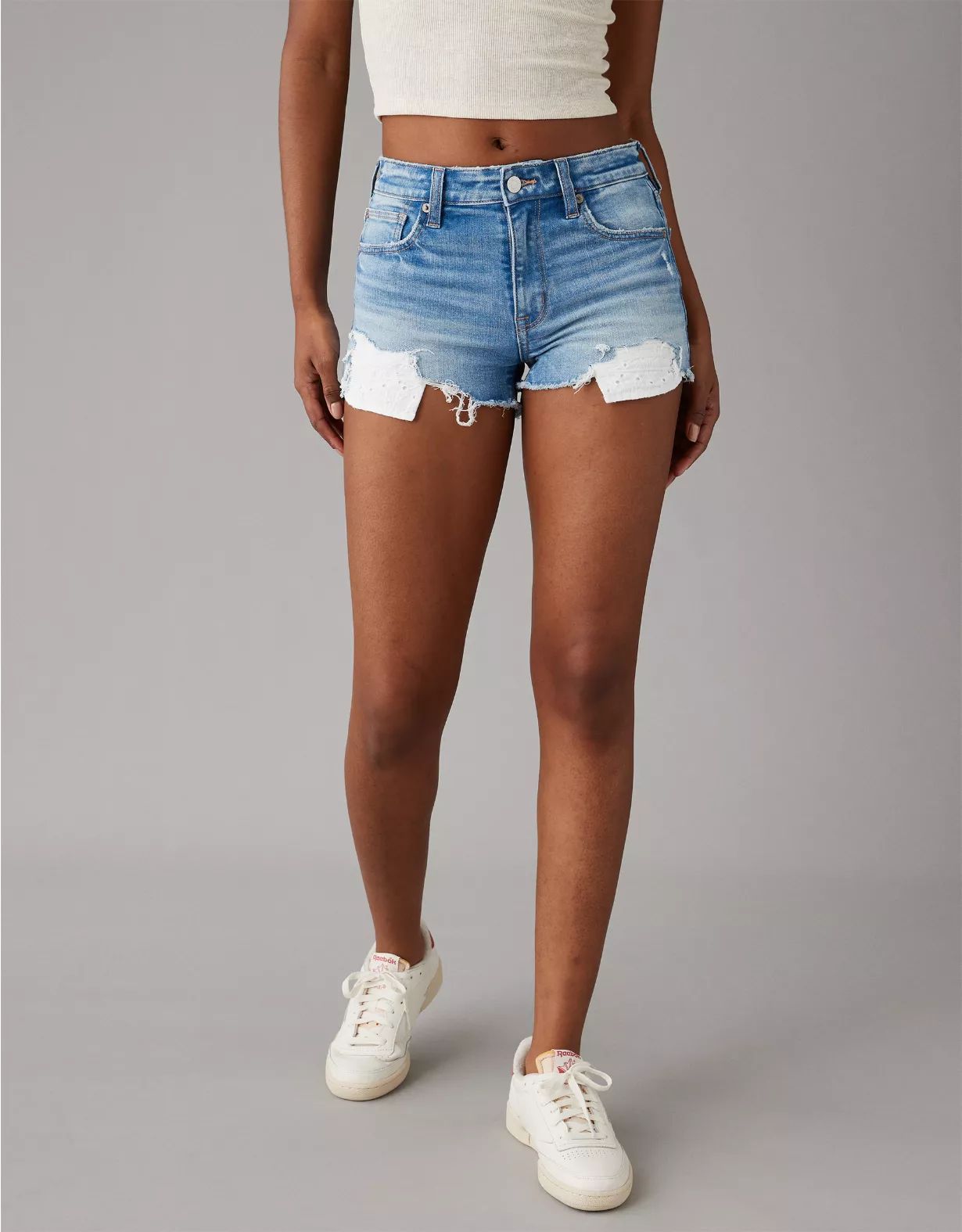 AE Next Level High-Waisted Ripped Denim Short Short | American Eagle Outfitters (US & CA)