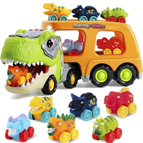 JOYIN Dinosaur Truck Toys for Kids, Kids Toys Boys Age 3 4 5, Dinosaur Car Carrier Truck Toy with 6 Rubber Car Vehicles, Toddler Birthday Gifts with Music & Lights for 3 4 5 Year Old Boys | Amazon (US)