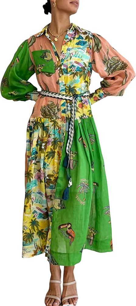 Womens Vintage Shirt Long Dress for Women Lantern Sleeve Autumn Graffiti High Waist Holiday Dress... | Amazon (US)