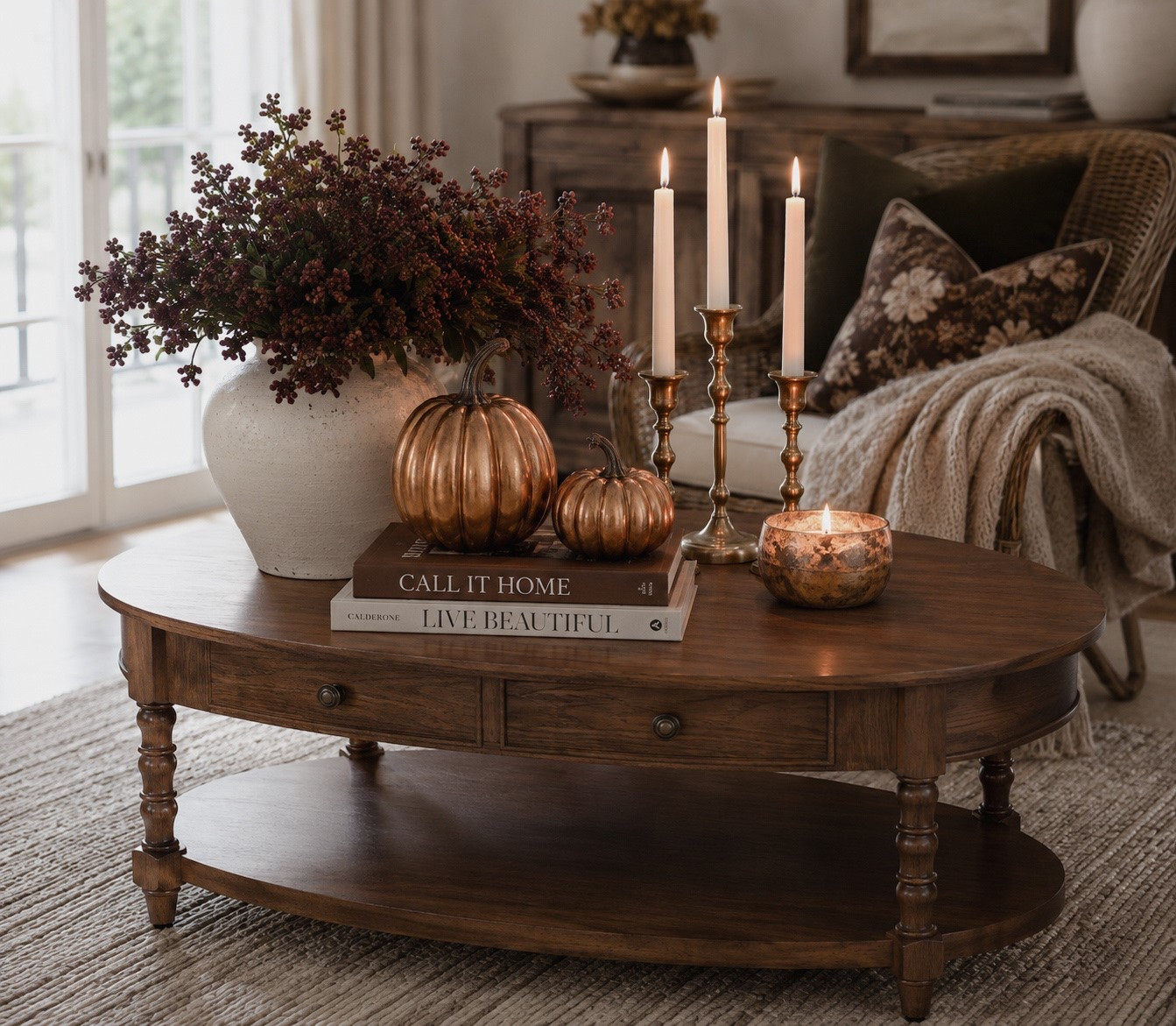 The kind of fall decor that doesn’t scream fall 🍂🤎 Rich wood tones, moody florals, brass details + subtle pumpkins for an elevated, collected look. So many good finds in this setup! #FallHomeDecor #FallStyling #LTKFinds #HomeDecor

#LTKSeasonal #LTKxWalmart #LTKSaleAlert