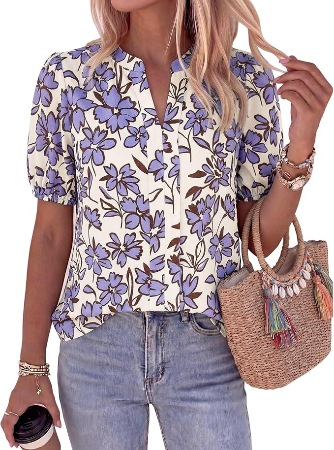 BTFBM Womens Tops 2026 Summer Casual Loose Puff Sleeve V Neck Floral Satin Work Blouse Dressy T S... | Amazon (US)