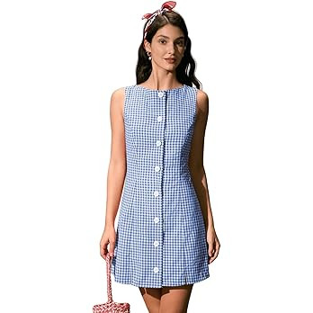 BERLOOK Women's Boat Neck Mini Dress Elegant Cocktail Out Fit Plaid Cotton Dresses | Amazon (US)