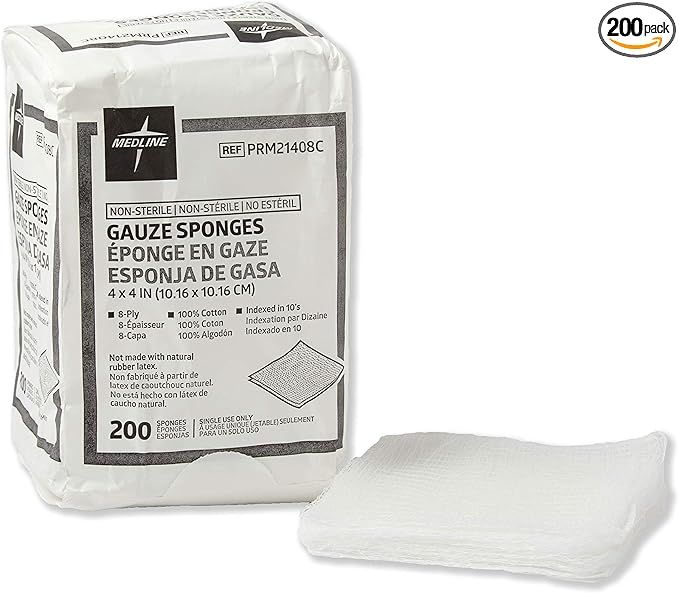 Medline 4 x 4 inch Gauze Sponges, 100% Cotton, 8-Ply Woven Non-Sterile Gauze (Pack of 200) | Amazon (US)