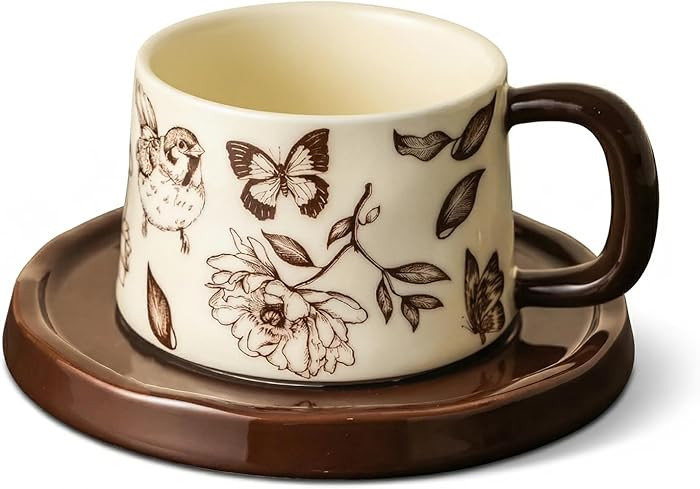 Vintage Floral Coffee Mug and Saucer Set, 8 oz Hand-Painted Ceramic Tea Cup, Dishwasher & Microwa... | Amazon (US)