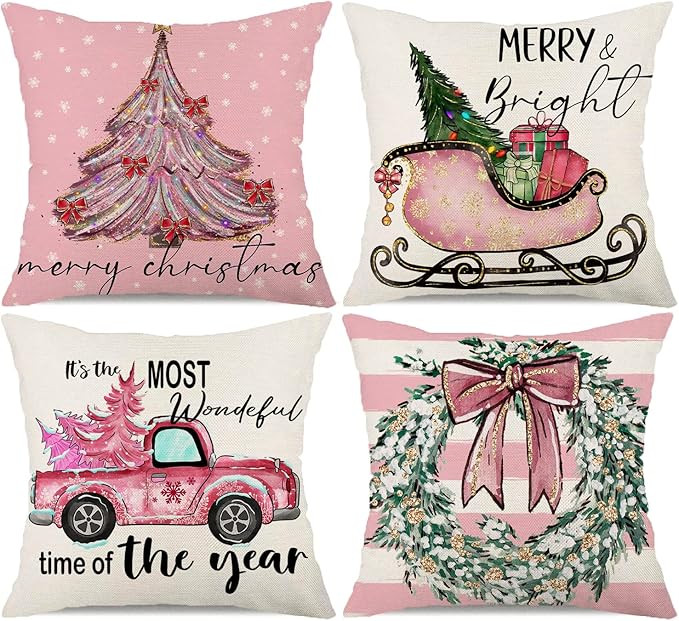 Pink Christmas Strips Pillow Covers 18x18 Set of 4 Snowflake Christmas Tree Truck Sleigh Gift Wre... | Amazon (US)