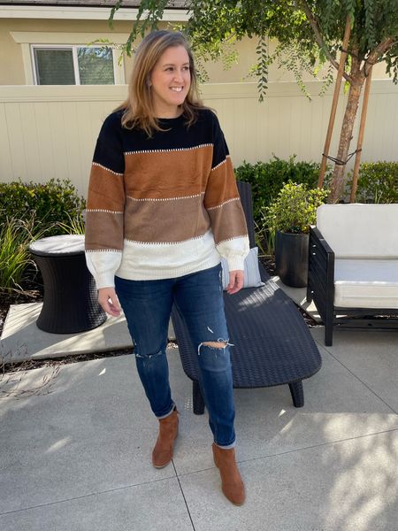 Amazon Color block sweater - size L runs TTS
Old Navy Skinny Jeans - size 14 TTS
Target booties but they are sold out now so I linked a very similar pair at Old Navy

#LTKSeasonal #LTKfit #LTKcurves