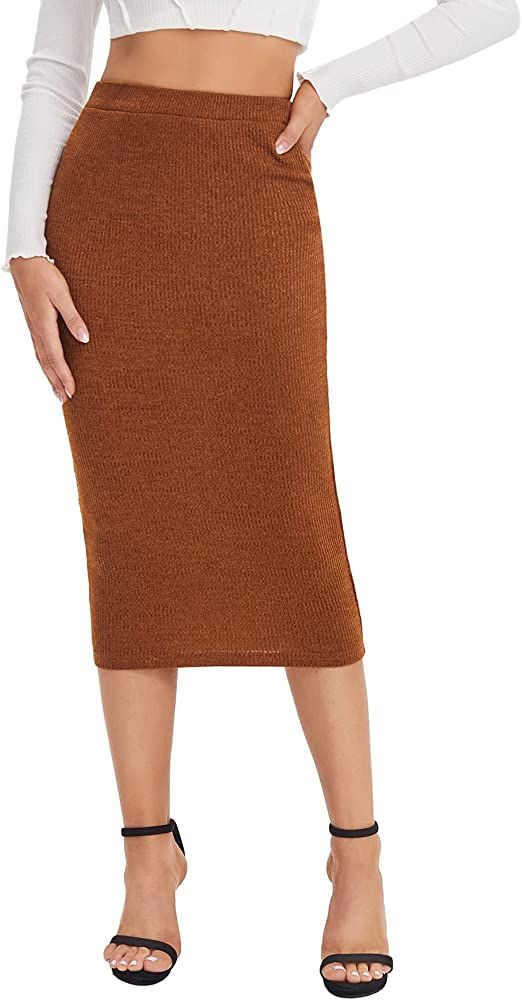 SheIn Women's Elegant Plain Stretchy Ribbed Knit Midi Full Length Basic Pencil Skirt | Amazon (US)