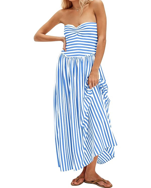Women Striped Strapless Flowy Maxi Dress Backless Patchwork Tube Top Dress Summer Party Formal Lo... | Amazon (US)