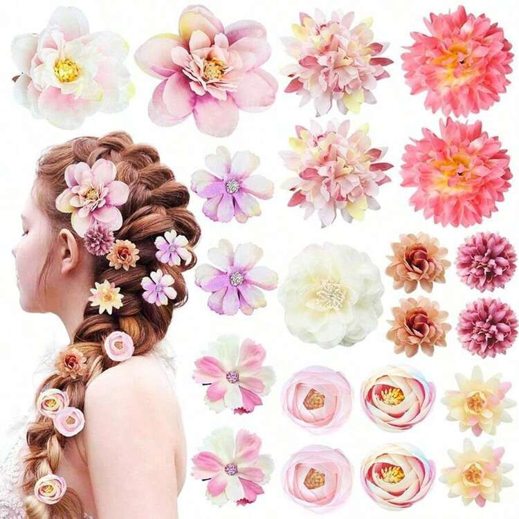 21pcs Floral Hair Clips Set, Bohemian 3D Rose Flower Hair Clips Suitable For Sweet Girls' Daily Wear Or Bride Wedding Party Headpiece, Romantic Gift For Women And Girls, Purple And Pink, Floral Hair Clips, Party Hair Accessories, Halloween Costume Accessories, COS Princess Role Play Headdress, Vacation Outfits Woman | SHEIN
