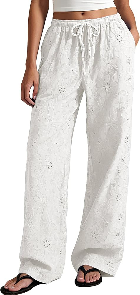 Women Floral Embroidered Pants Cutout Design Fashion Casual Palazzo Trousers Cozy Beach Summer Va... | Amazon (US)