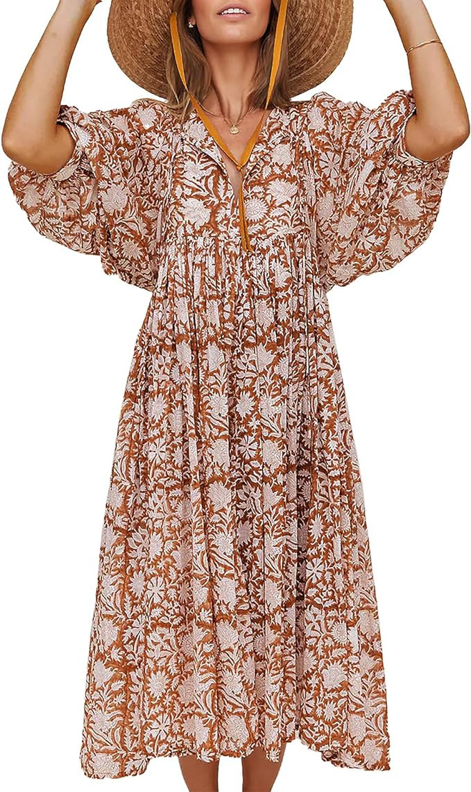 Casual Summer Dresses for Women Swing Floral Half Open Collar Boho Puff Sleeve Loose Midi Beach D... | Amazon (US)