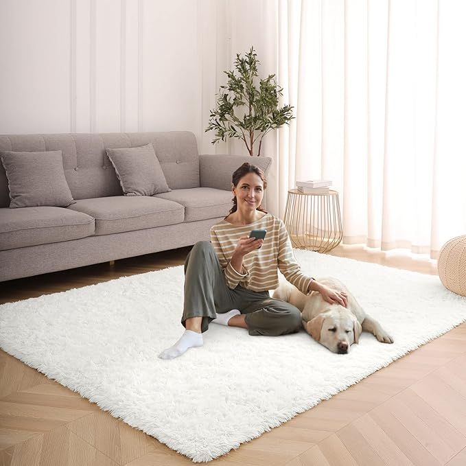 Wellber Modern Soft Cream White Shaggy Rugs Fluffy Home Decorative Carpets, 5x8 Feet, Rectangle D... | Amazon (US)
