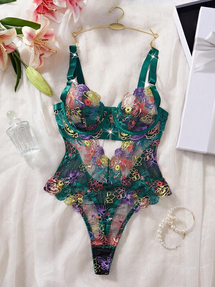 1pc Women Sexy Floral Embroidered Mesh Lingerie Jumpsuit | SHEIN