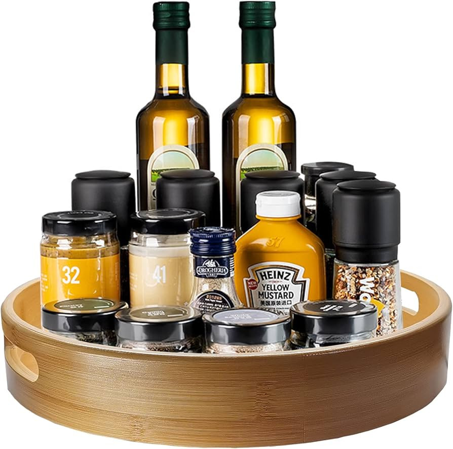 14 Inch Bamboo Lazy Susan Organizer, Wooden Turntable for Kitchen Countertop, Wood Rotating Tray ... | Amazon (US)