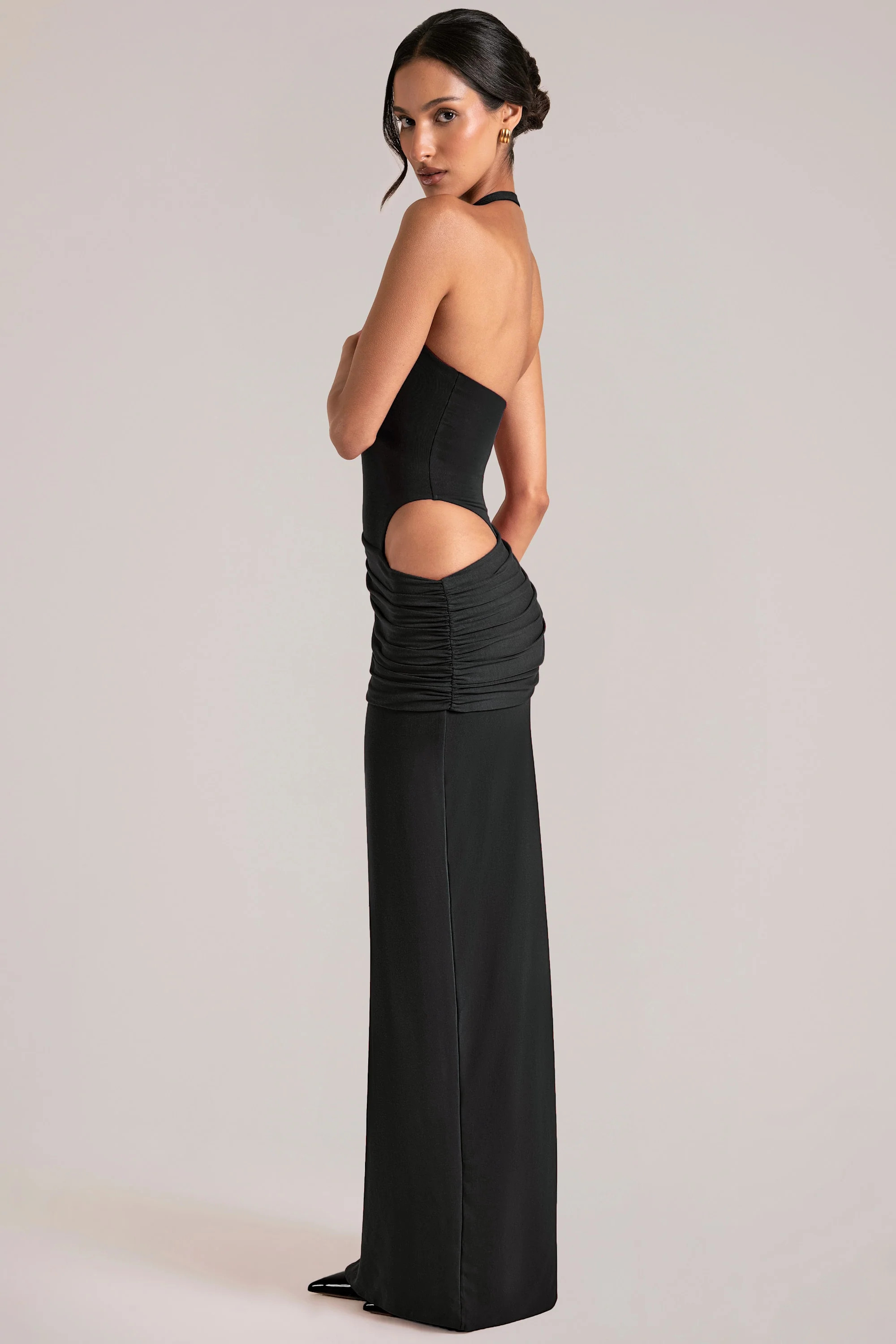 Oona Deep Plunge Halterneck Maxi Dress in Black | Oh Polly | Oh Polly
