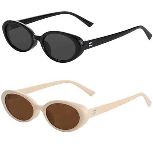Onrtry Vintage Small Oval Sunglasses for Women Men 90s Sunglasses Narrow Eyeglasses UV400 Protection 2 Pack(Black+Beige/Brown) | Amazon (US)