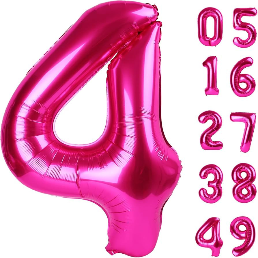 40 Inch Hot Pink Large Number 4 Birthday Balloon, Giant Number Four 14 24 34 40 44 Balloons, Foil... | Amazon (US)