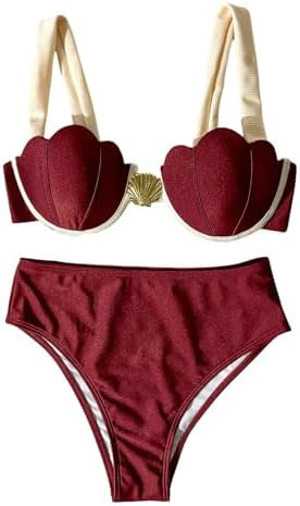 SHENHE Women's Underwire Swimsuits 2 Piece Push Up Seashell Top Bikini Top Color Block Bikinis | Amazon (US)