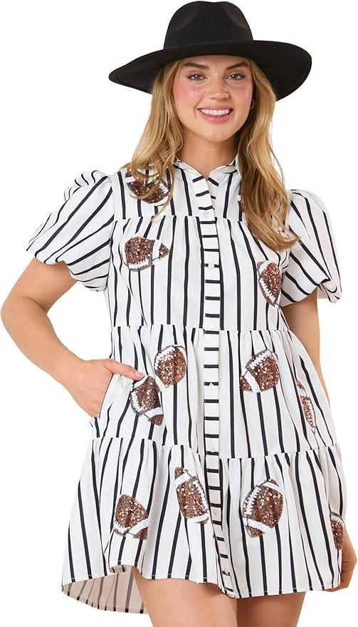 Hey Sweetie Women's Football Sequin Stripe Shirt Dress – Collared Button-Down Puff Sleeve Tiere... | Amazon (US)