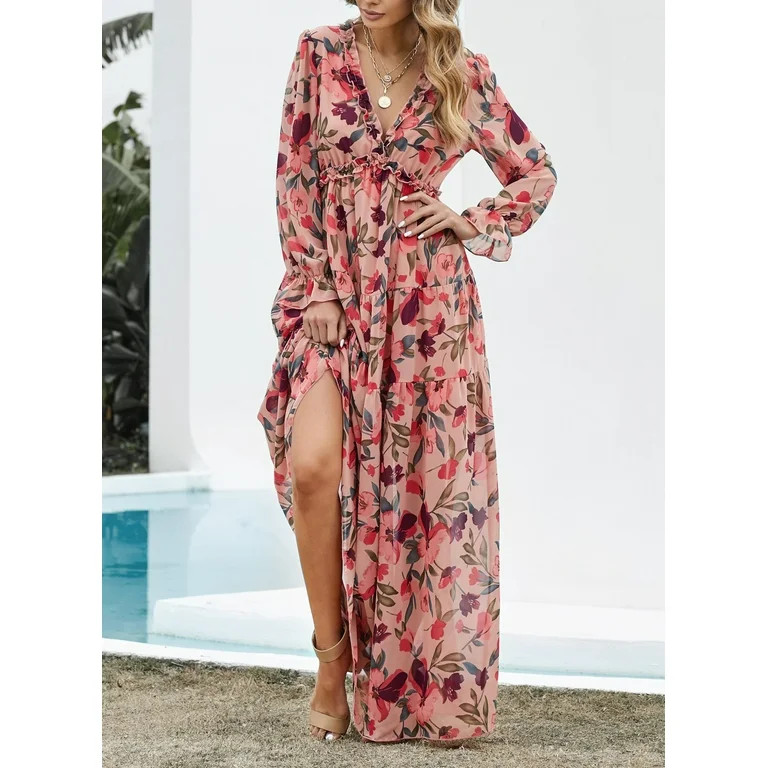 Dokotoo Women's Red Floral Maxi Dresses Casual Deep V Neck Long Sleeve Evening Dress Cocktail Par... | Walmart (US)
