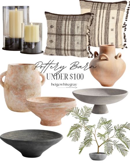 Pottery Barn home decor under $100! From beautiful vintage inspired throw pillows to artisan bowls and vases!! And the hurricane candle holders are some of my favorite! 

#LTKStyleTip #LTKHome #LTKFindsUnder100