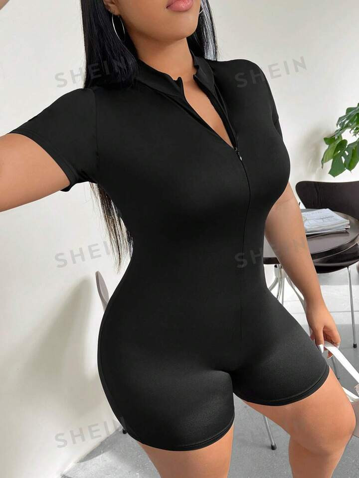 SHEIN EZwear Plus Size Women's Stand Collar Romper | SHEIN