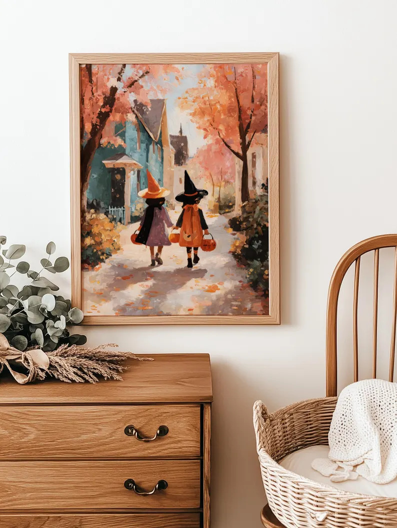 Two Witches Halloween Art Print | Vintage Trick-or-Treat Decor | Fall Cottagecore Wall Art | Kids... | Etsy (Global)